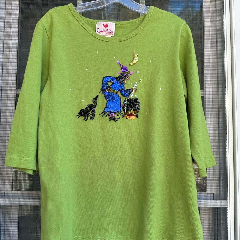 Vintage Quacker Factory Size Mediun Halloween witch on broom sequins